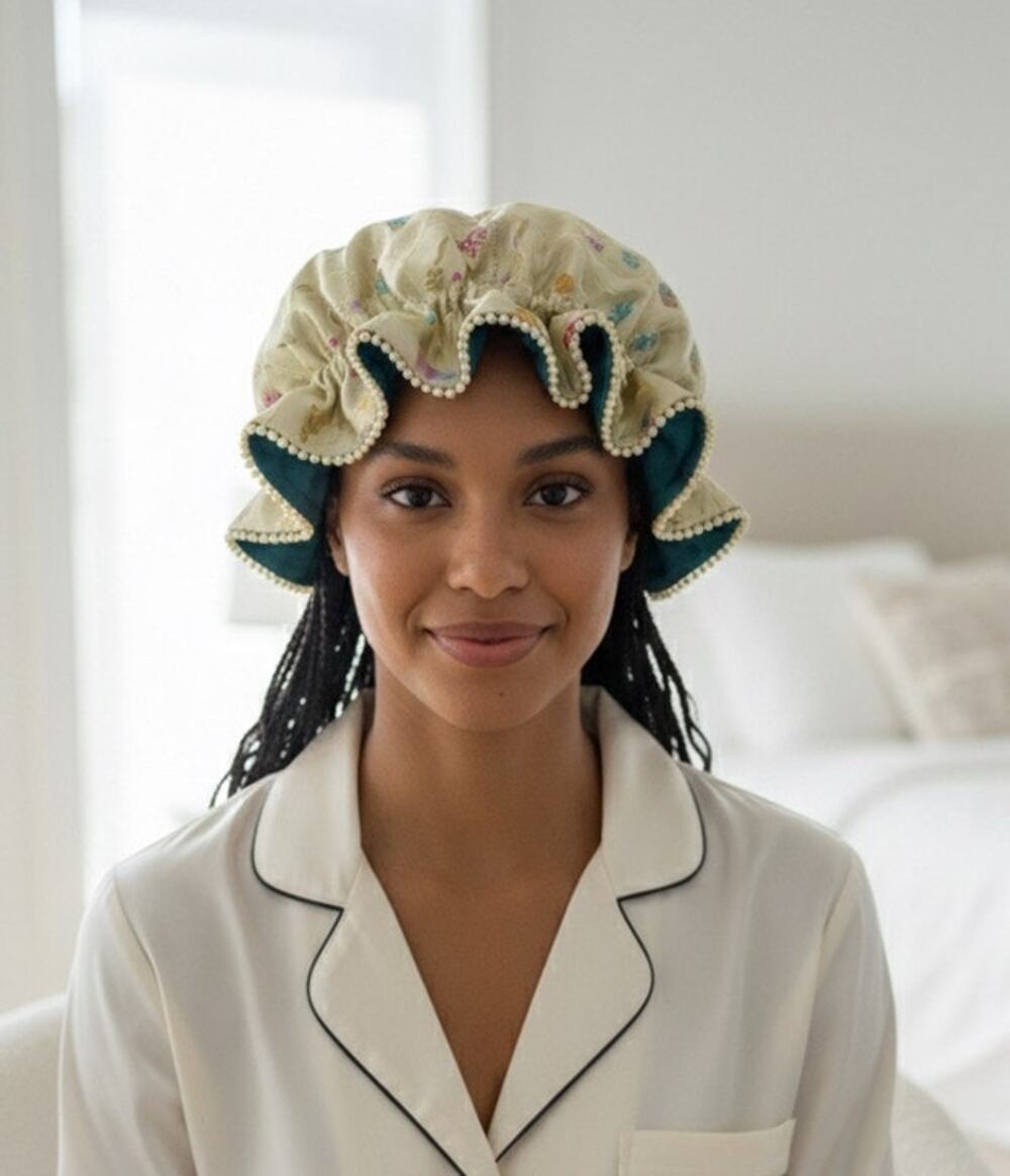 Adorable Oriental-Inpsired Satin Nightcap with Pearl Trim